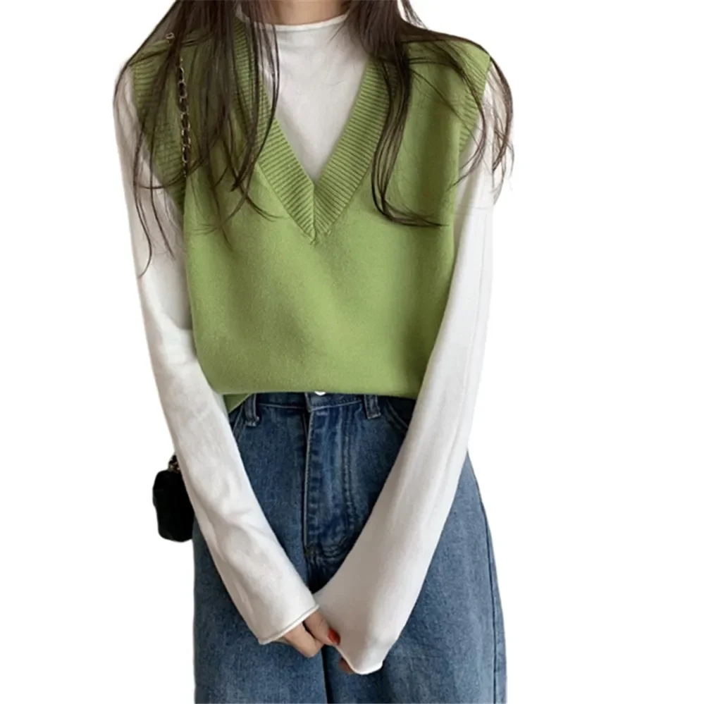 2024 Korean Sweater Vest Women Solid Autumn Winter All-match Leisure Outerwear Knitted V-Neck Sleeveless Female Elegant Simple