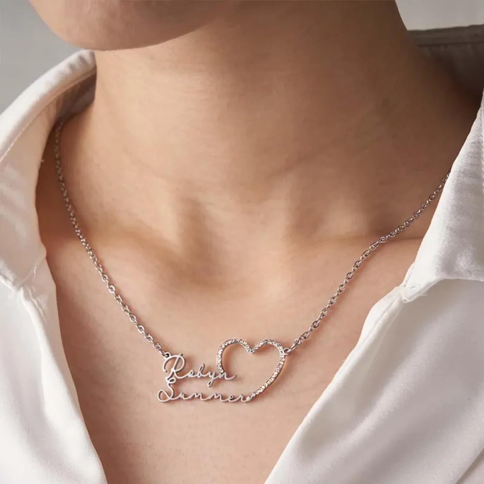 

Personalized Name Necklace Sentimental Keepsake Two Line Design Custom Heart Zirconia Stainless Steel Birthday Anniversary Gifts