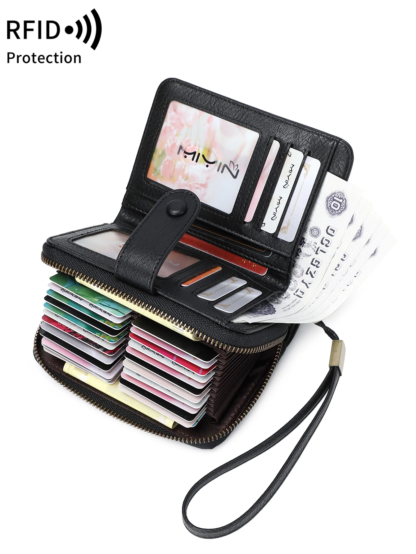 MIYIN Retro Large Capacity RFID Shielded Women's Short Wallet Multi Card Slot Organ Credit Card Bag Multi Functional Zero Wallet