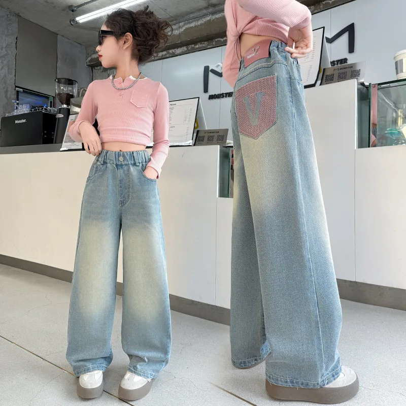 

Детские светло-голубые универсальные школьные брюки для подростков, джинсы для девочек от 10 до 12 лет, весенние тонкие модные повседневные свободные широкие брюки