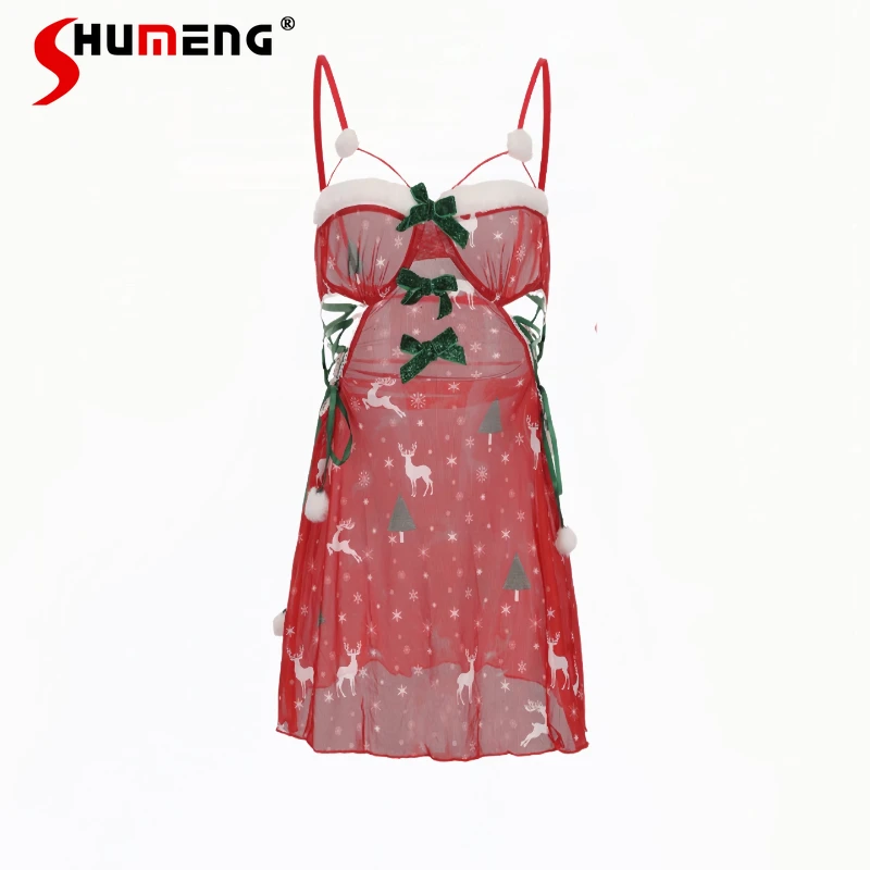 

High End Sexy Nightdress for Women Pure Desire Hollow Mesh Low Cut Lingerie Female Christmas Role Playing Camisole Nightgowns