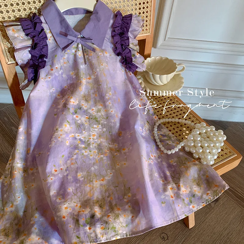 Girl's Frock Elegant Vintage Dress Junior Girls Summer Dresses Sale 5 6 To 12 Years Old Children's Lilac Flower Pattern Clothes