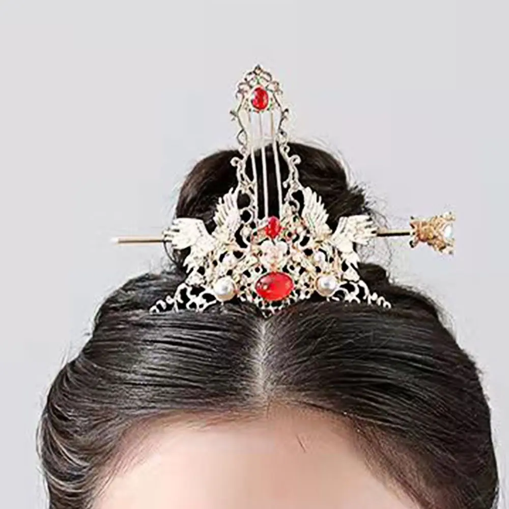 Korean Ancient Style Hair Crown Gem Crane Hair Stick Coiled Hairpin Hanbok Headdress Traditional Wedding Jewelry Accessories