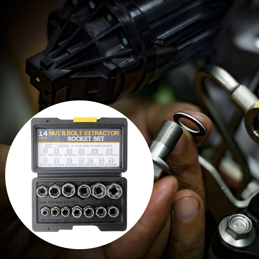 ชุดเครื่องมือถอดสลักเกลียว14ชิ้นพร้อมกล่องเก็บของชุดปลอกถอดแหวนน็อตที่ชำรุด