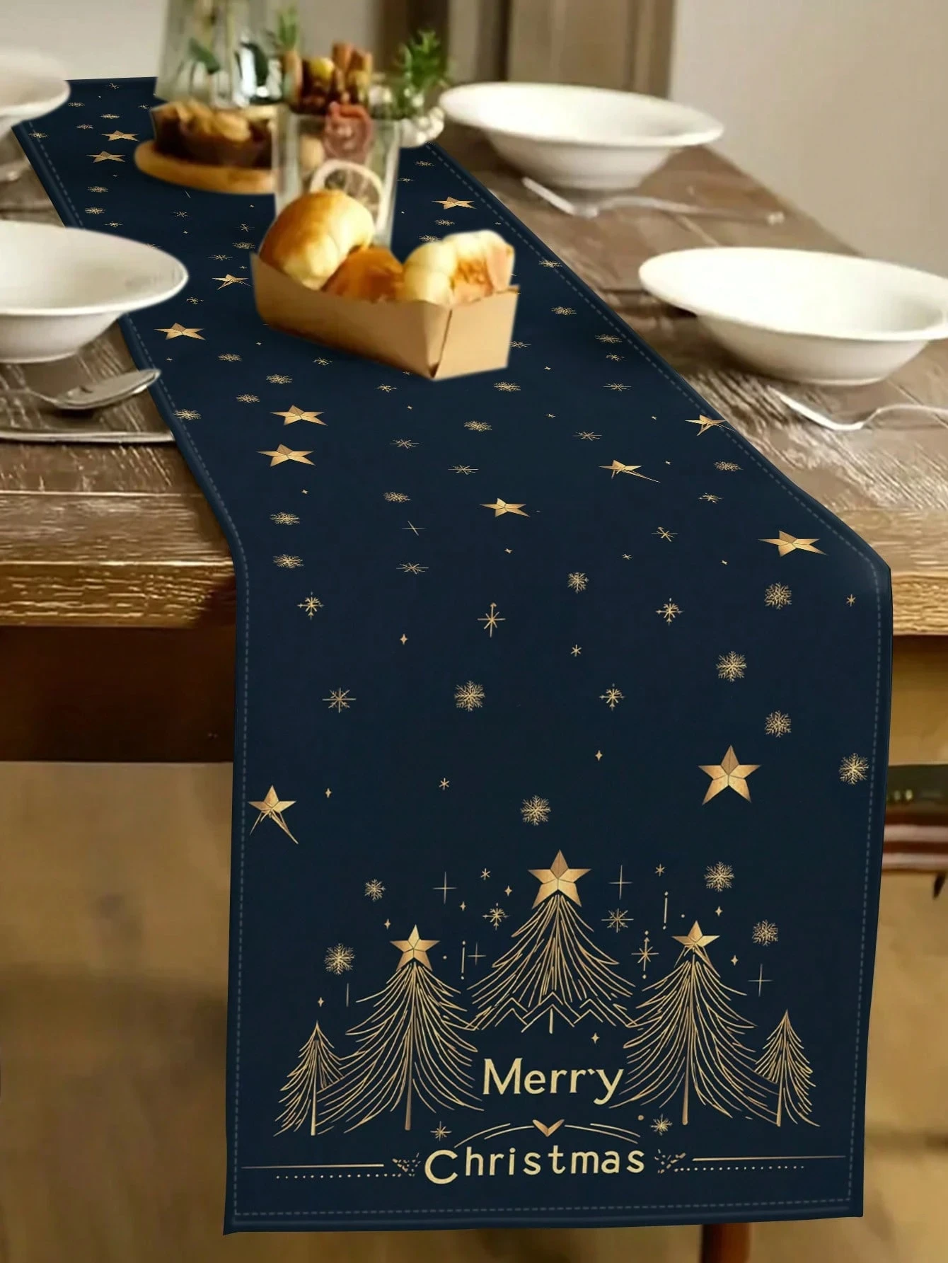 Merry Christmas Golden Star Snowflake Tree Navy Blue Table Runner Elegant Festive Christmas Dining Table Decor Premium Durable