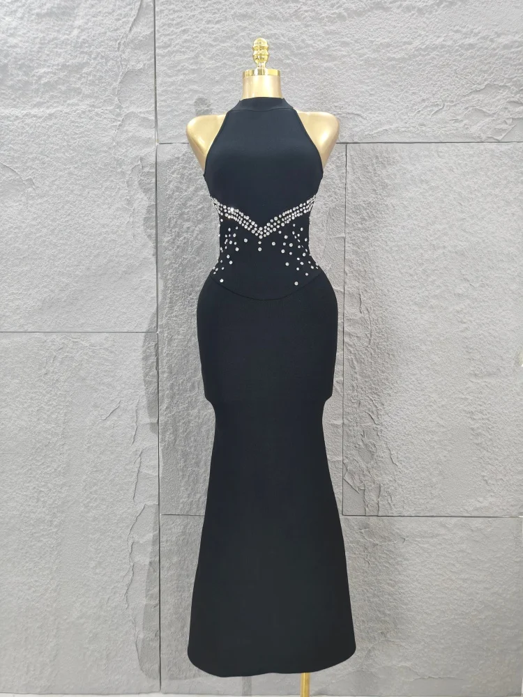 

2025 Новое сексуальное роскошное женское платье без рукавов со стразами, черное длинное вечернее платье, элегантное вечернее платье для выпускного вечера, вязаное облегающее платье