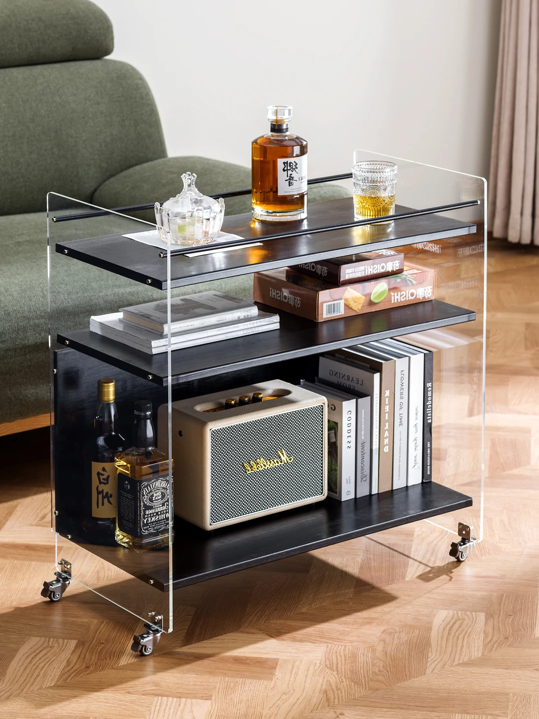 Minimalist Acrylic Side Table Cart Transparent Storage Cabinet Living Room Movable Coffee Table Home Transparent Bedside Table