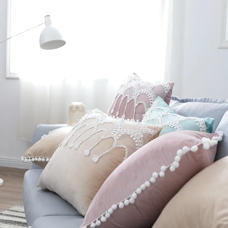 Princess style solid color velvet pillowcase waist pompom edging pillow cover decorative lace cushion cover