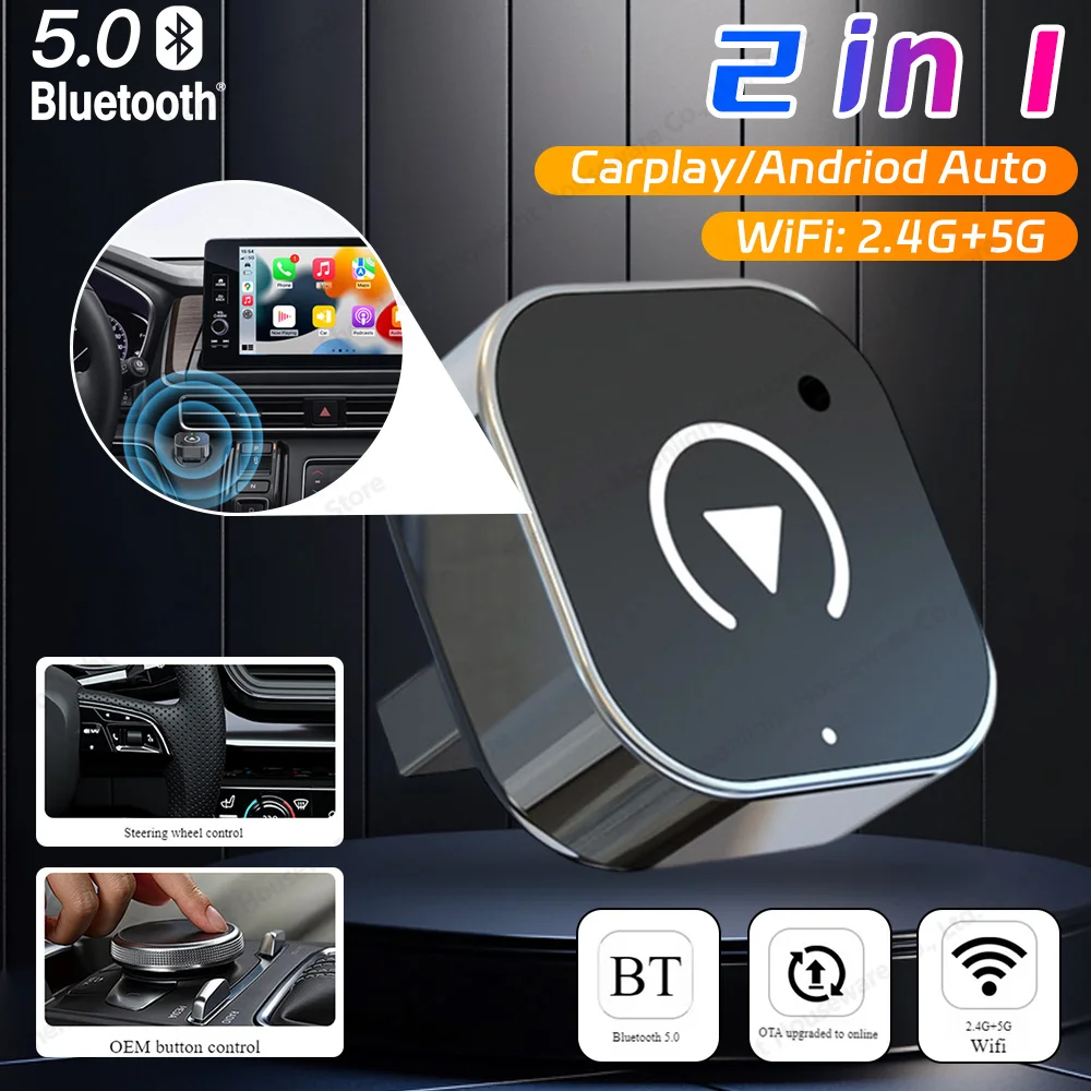 Adapter 2w1 przewodowy na bezprzewodowy CarPlay i Android Auto do radia samochodowego OEM z donglem USB, inteligentny mini box, Plug and Play CarPlay