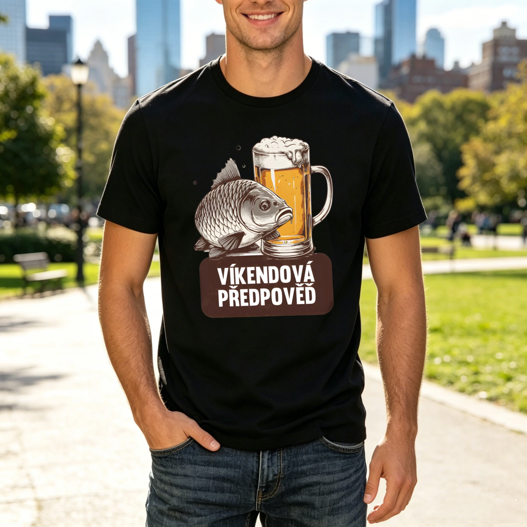 Men Funny Fishing & Beer Czech Print T Shirt Lightweight Black Crew Neck Tee Casual Summer Top Humor Gift for Fishing Lovers