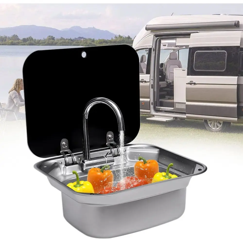 

Кухонная мойка для автодома/кемпера из нержавеющей стали с откидным смесителем, сливной трубой и крышкой, одинарная чаша для мытья рук