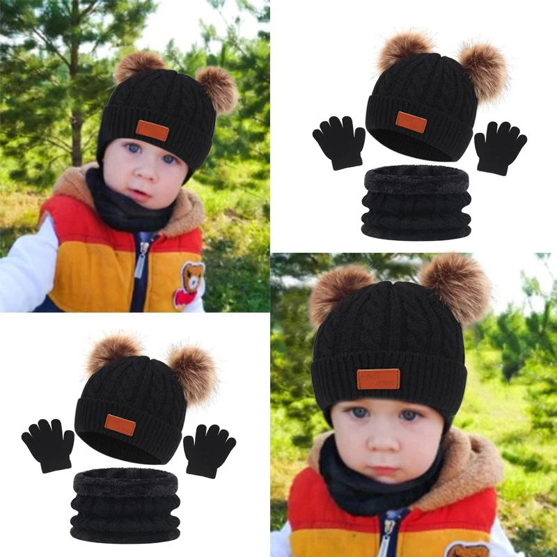 Topi rajut bayi, 3 buah topi syal bayi musim dingin Set sarung tangan warna Solid balita topi rajut Pompom lucu aksesoris hangat luar ruangan 1-5 tahun