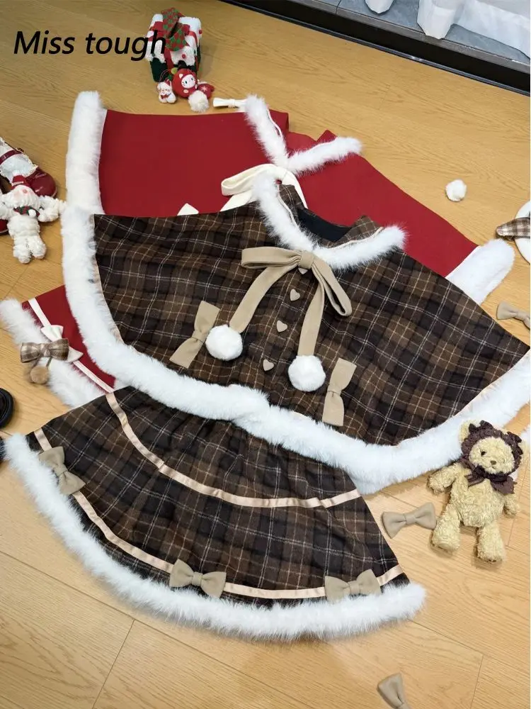 

Japanese Lolita Women's Suit Two Piece Set Cape Coat + Mini Cake Skirt Thickened Korean Fashion Outfits Sweet Y2k Woman Clothes