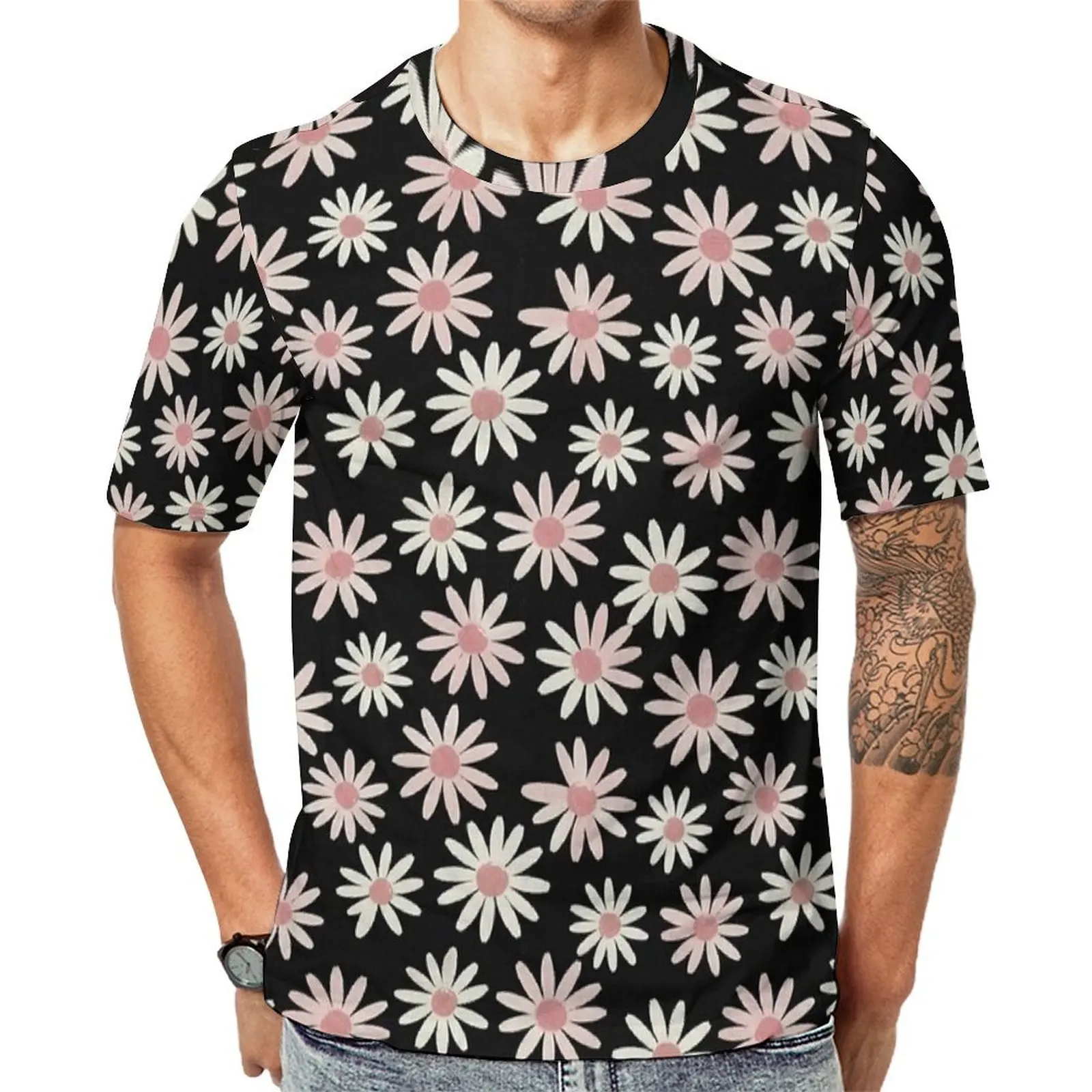 Men Pink Black Daisy Print T-Shirt  Hip Hop T Shirts Short-Sleeved Design Tshirt Cheap Summer Streetwear Oversized Clothes