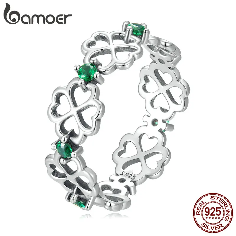 BAMOER 100% 925 Sterling Silver Four Leaf Clover Ring Good Luck Band Rings Size 6 to 9 for Women Girl Fashion Jewelry Gifts