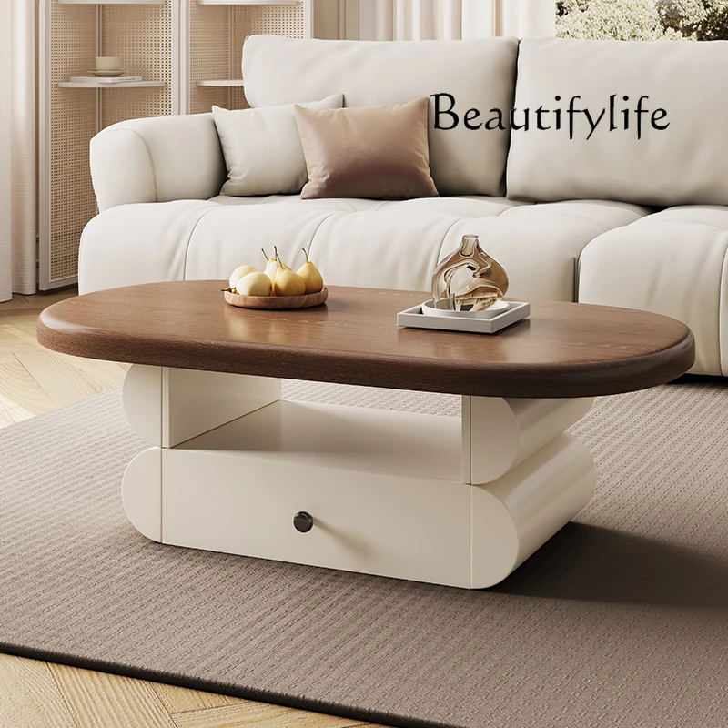 

Cream style oval coffee table living room walnut solid wood style modern simple rock slab creative medium and ancient style
