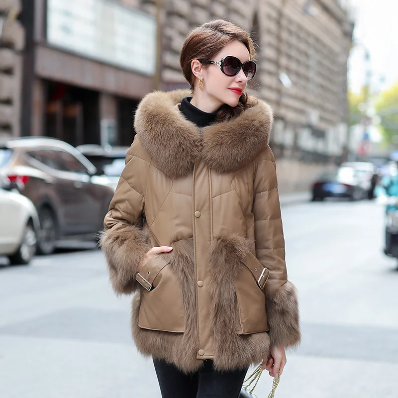 

2023 New Fox Fur Collar Hooded Genuine Sheepskin Leather Jackets Autumn Winter 90%White Duck Down Female Jacket Women'