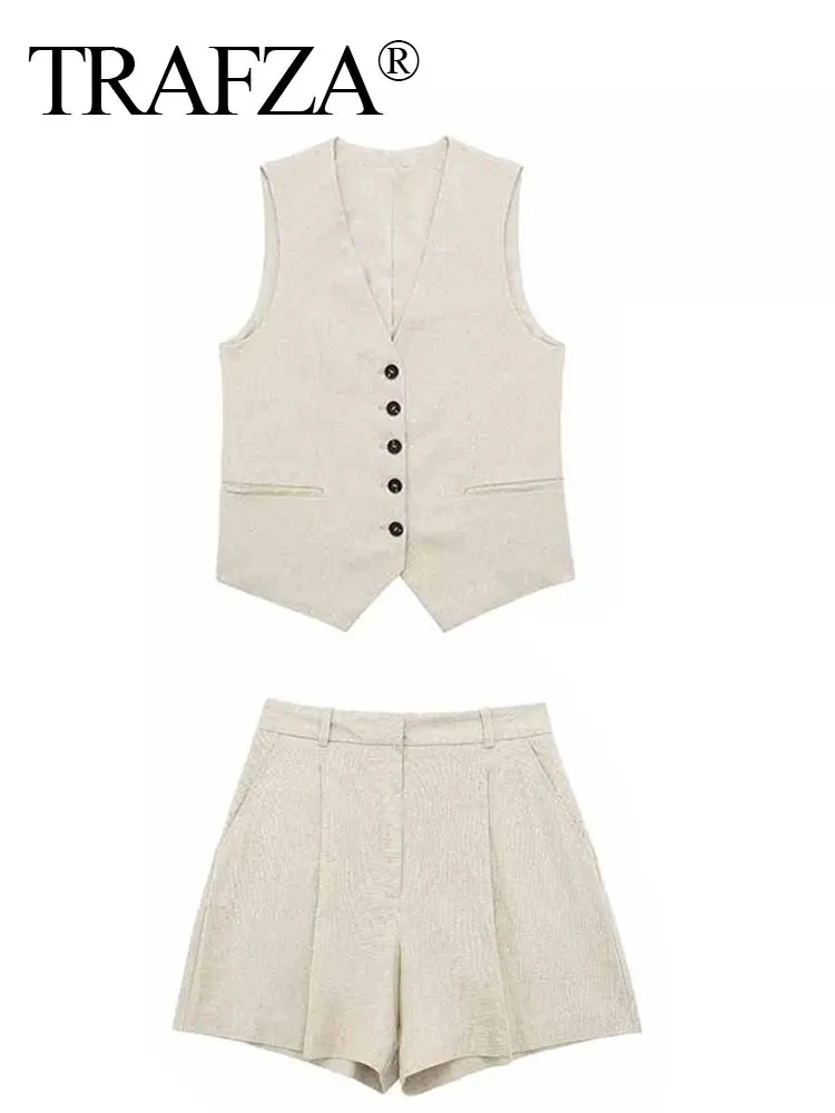 TRAFZA Zestawy spodni damskich Vintage Solid Single Breasted V Neck Vest Tops + Slim Zipper Fly Shorts 2024 Summer Office Lady Suit TRAF