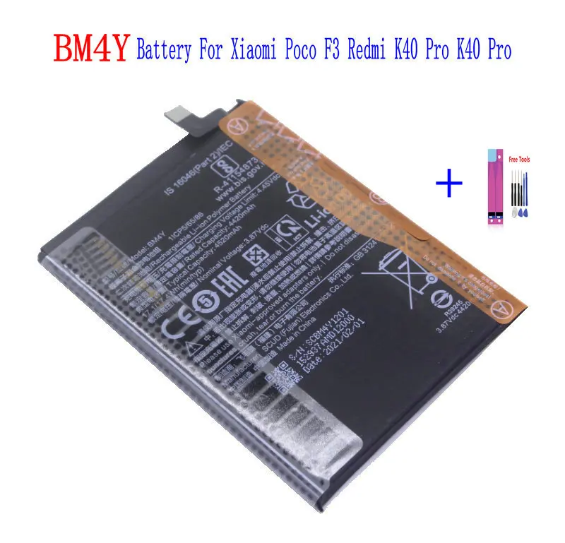 1x 4520mAh 17.4Wh BM4Y Replacement Battery For Xiaomi Poco F3 Redmi K40 Pro K40Pro Batteries + Repair Tools kit