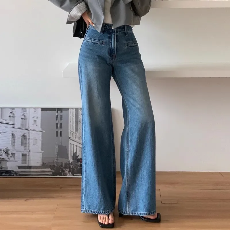 

Boyfriend Style Blue Jeans Women Streetwear High Waisted Korean Pocket Flare Jeans Female High Street Denim Pants Mom