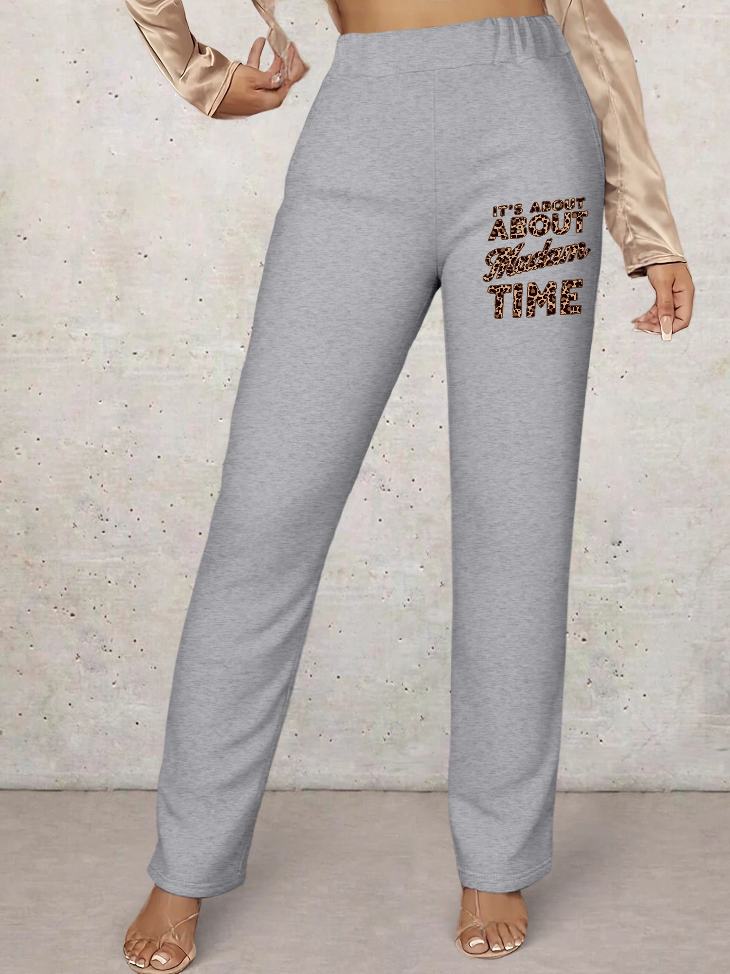 

Leopard Print "It's About Time" Text Pants, High Waist Casual Straight Leg Trousers, Elastic Waist Fashion Daily Wear