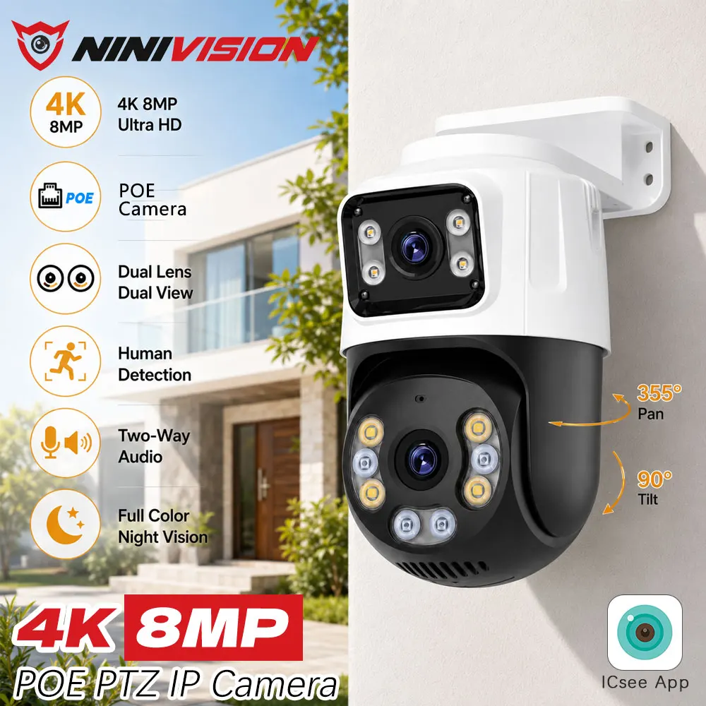 camera-ip-de-securite-ptz-poe-a-double-objectif-4k-8mp-355°-de-rotation-panoramique-90°-d'inclinaison-detection-humaine-audio-bidirectionnel-vision-nocturne-couleur-cctv-exterieure
