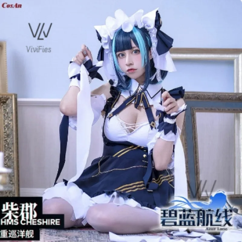 In Stock Cheshire Cosplay Costume Azur Lane Cat Maid Girl Hms Long Dress Full Set Wig Halloween Xmas