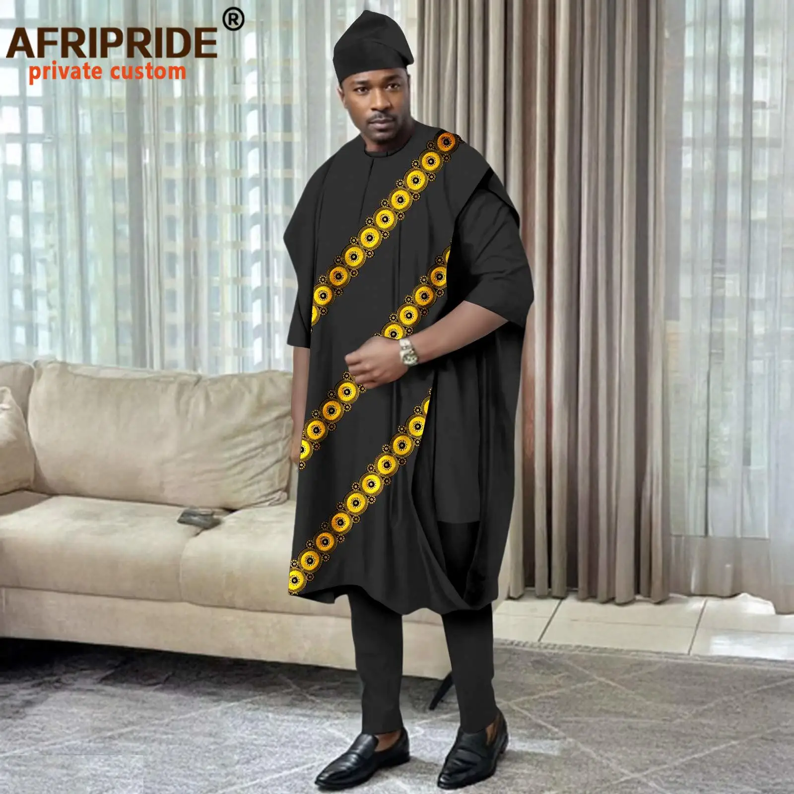 African Traditional Clothes for Men Embroidery Agbada Robe Half Sleeve Shirts Pants and Hats Set Dashiki Outfits Wedding 2516024