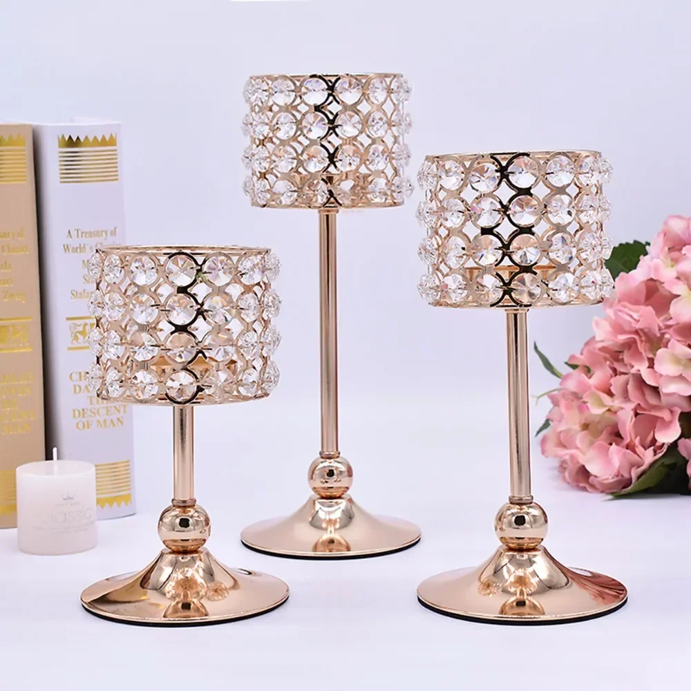 Gold Plated Candlestick Crystal Candelabra Centerpieces Wedding Decor Party Romantic Home Table Candle Lantern