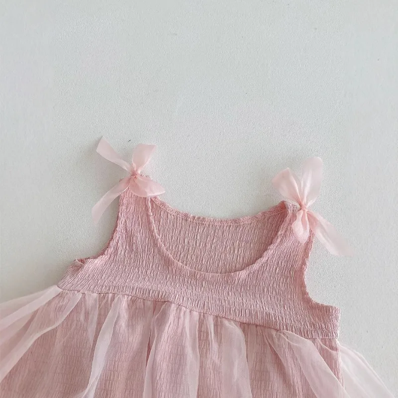 Summer Baby Jumpsuit Pink Mesh Princess Outfit Newborn Girl Sweet Bow Camisole Romper Fashionable Stylish