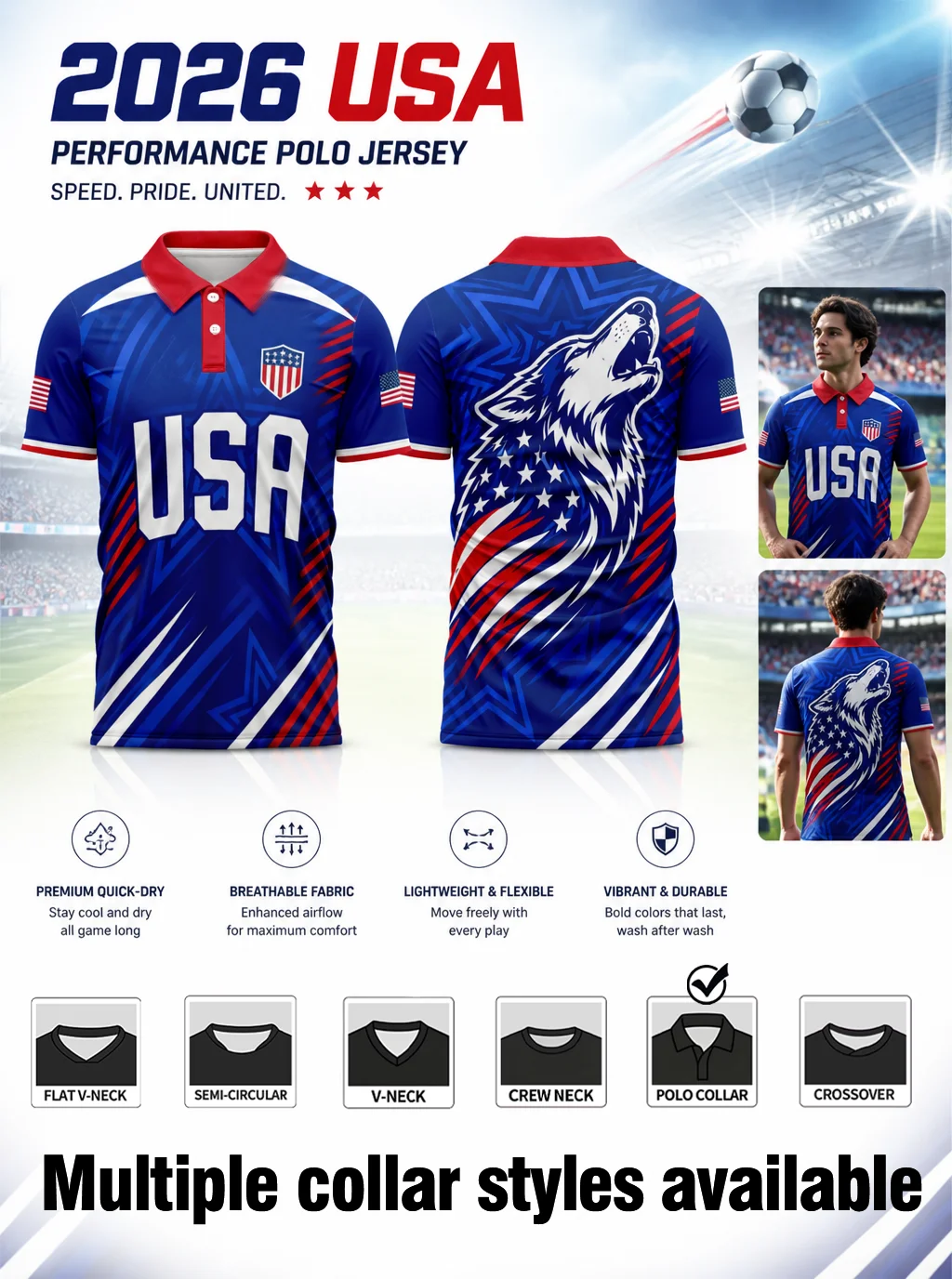 2026 USA performance polo jersey, roaring‑wolf and star‑spangled print, premium quick‑dry breathable sport fabric