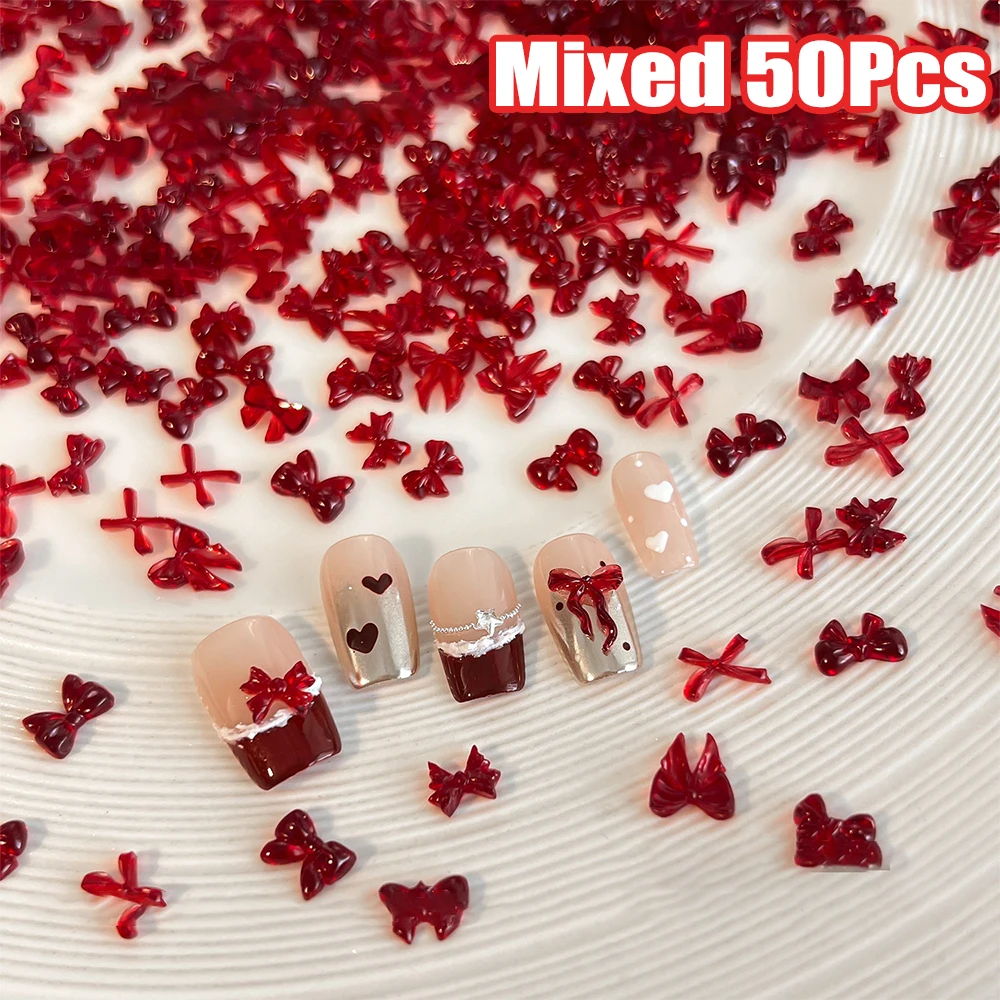 50個入り 3Dミックス クリスマス レッドリボン ゼリーボウ ネイルチャーム 6-10mm アイス透明 レッドボウノット ネイルアート DIY ウィンターボウ ネイルパーツ