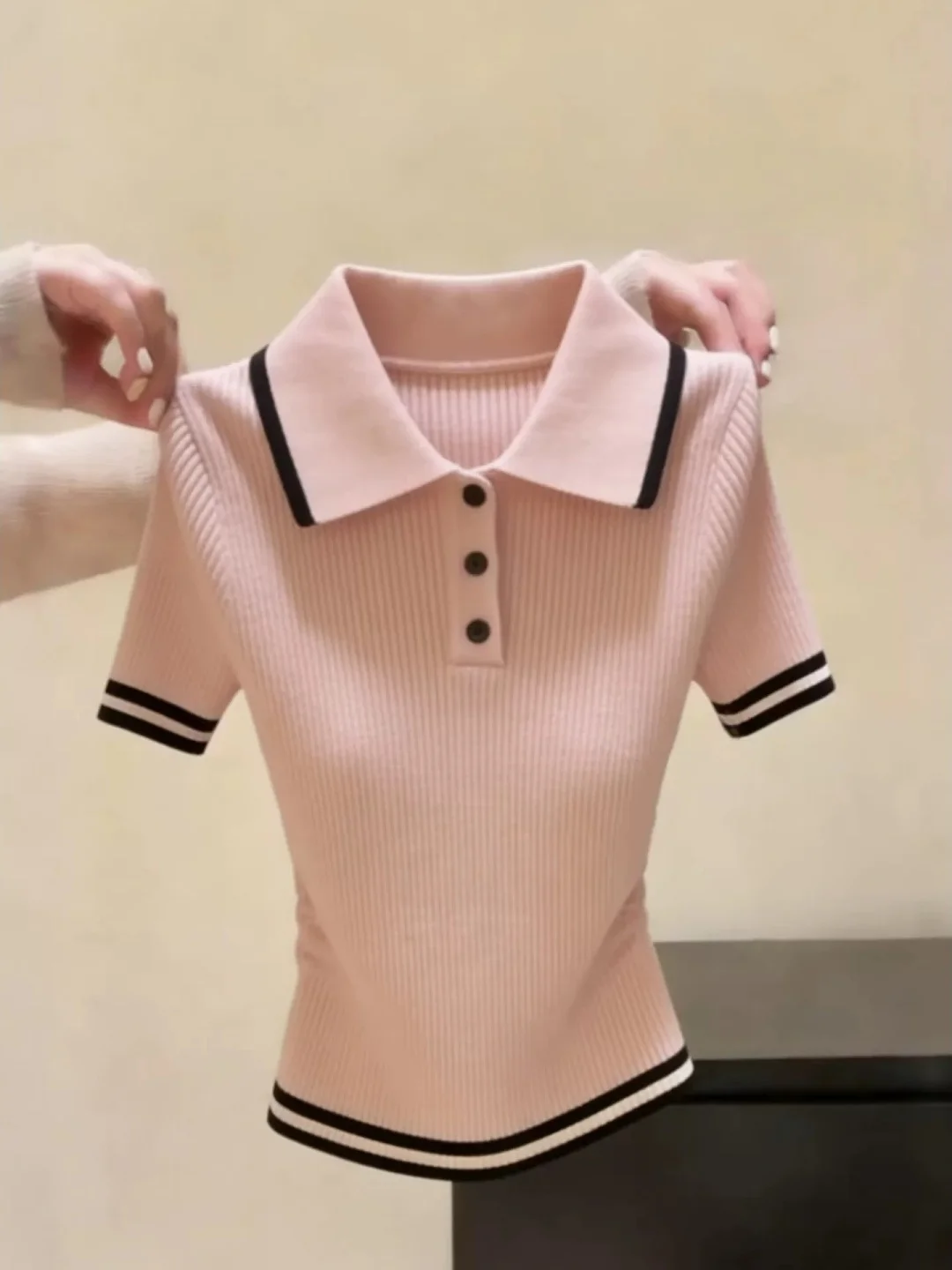 

Pink Ice Silk Knitted Collar Short Sleeve T-Shirt Women's Summer Slimming Age-Defying Top Straight Cut Commute Style