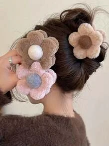 

1/3PCs Plush Flower Decor Hair Claw Clip Simple Hair Crab Claw Hair Styling Accessories For Autumn/Winter Cute