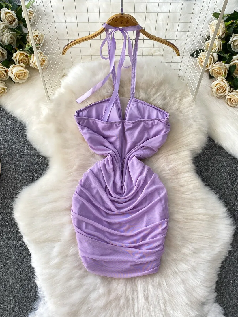 Foamlina New Summer Women Sequins Patchwork Mini Bodycon Dress Sexy Halter Neck Sleeveless Backless Slim Ruched Mesh Party Dress