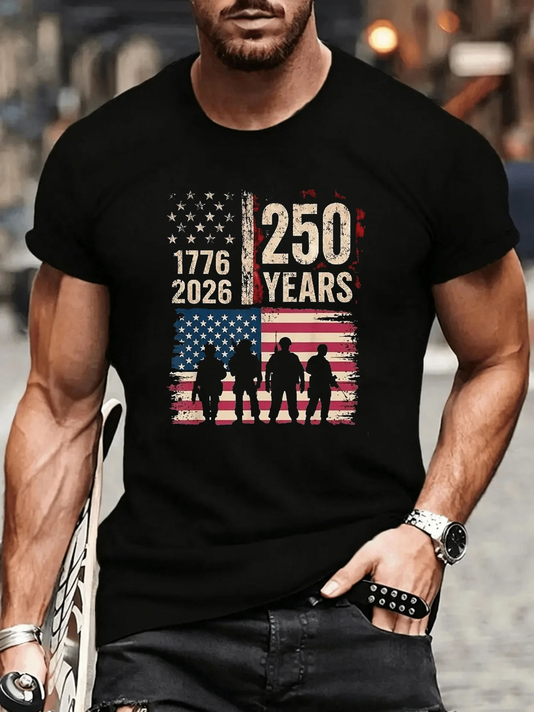 250Th Anniversary of the Founding of the United States Distressed Stars and Stripes Flag Four Military Silhouettes Print Loose Fit Drop Shoulder Men's Veteran Commemorative Short Sleeve T-Shirt