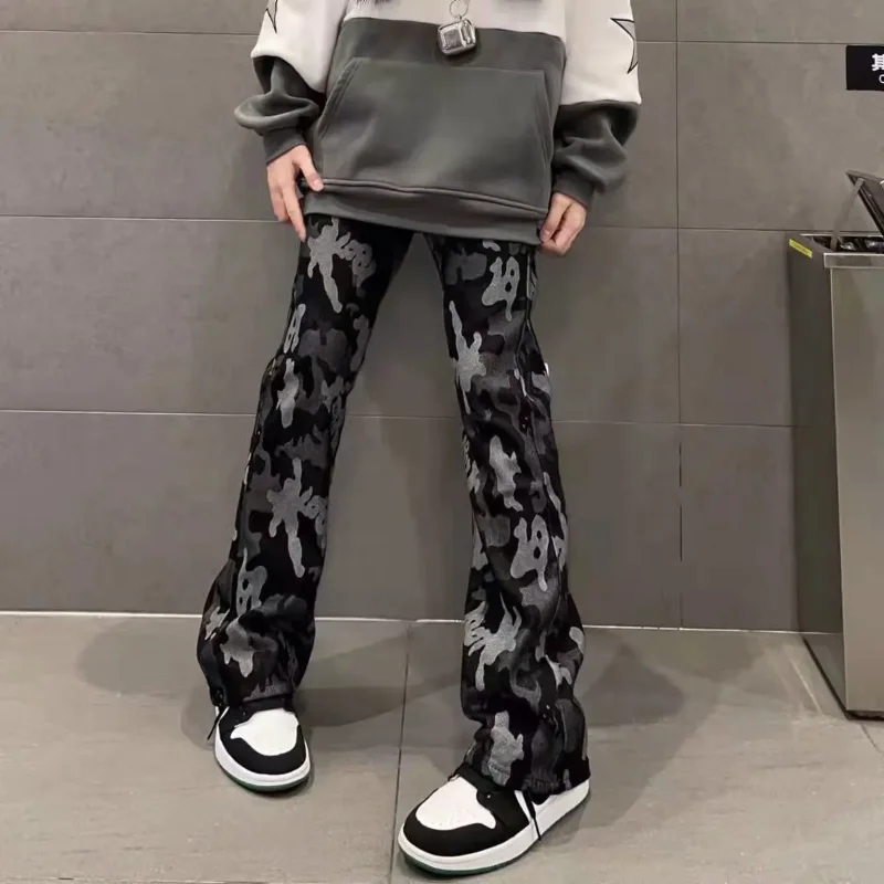 Camouflage Print Wide-Leg Casual Pants Spring Autumn Loose Denim Female Clothing American Button Hip-hop Retro Bootcut Trousers