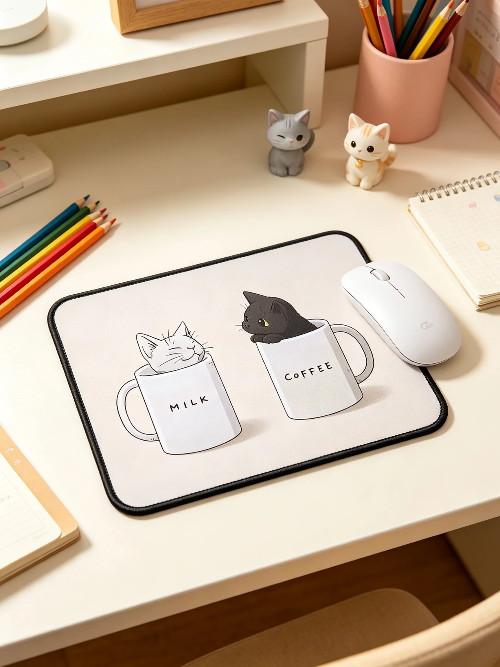 Kawaii Cats Inside Milk & Coffee Rectangle MousePad Non‑Slip Rubber Base Small Desktop Mouse Mat For Home Office Cat Lovers Gift