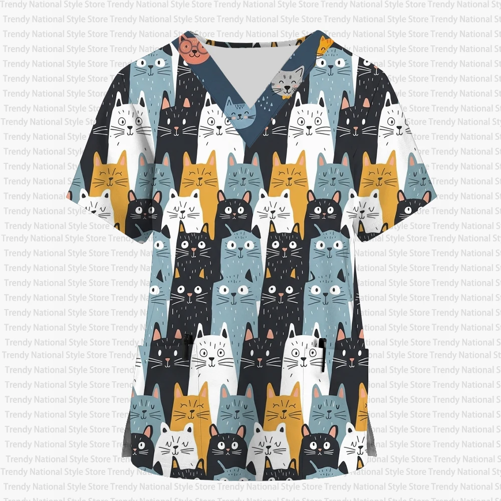 New Women's Work Uniform Cartoon Animal Print V-Neck Pocket Frosted Dental Pet Shop Women's Short Sleeve T-Shirt