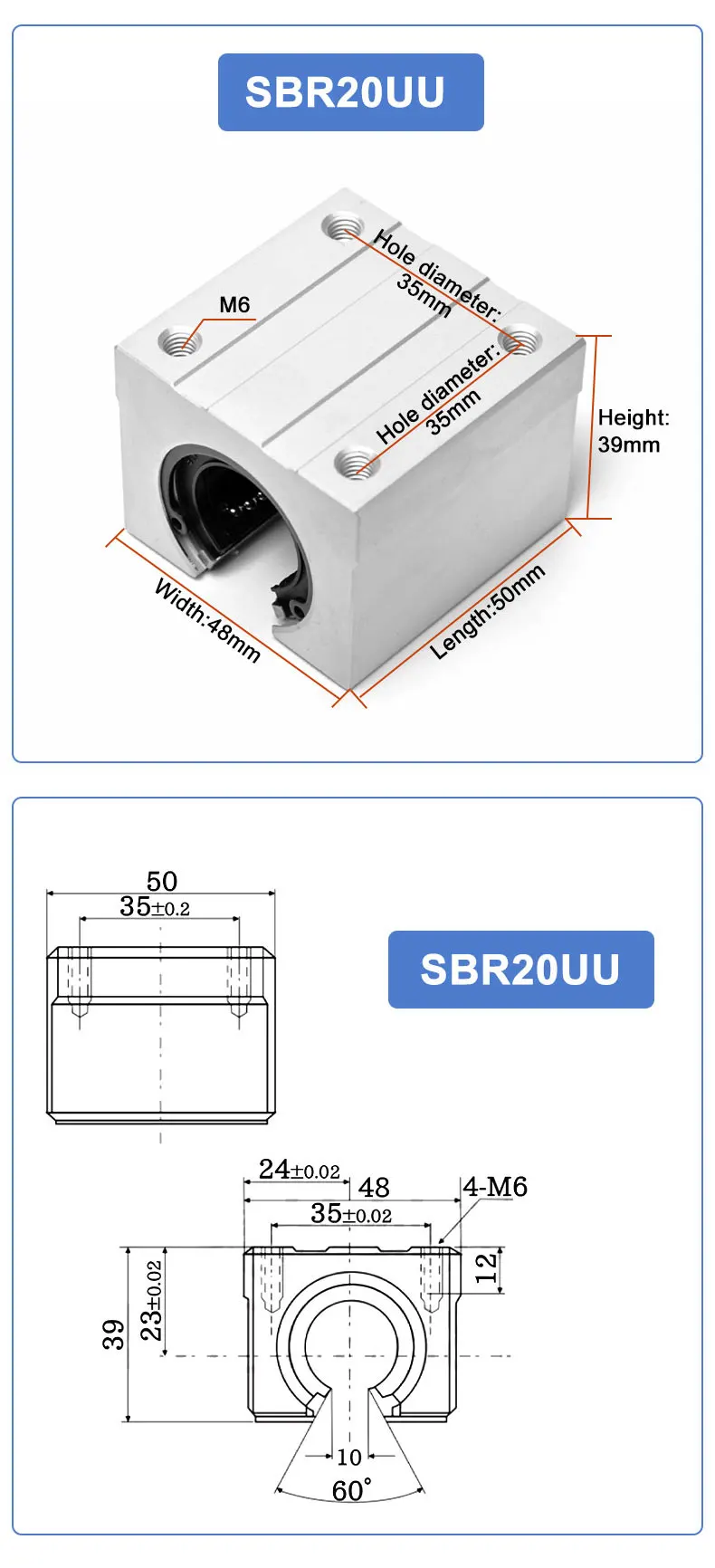 1 Stück SBR16/20UU Aluminiumblock 20mm Linearführungskugellager Gleitblock Passend für SBR20 Linearführungsschiene – Detail 12