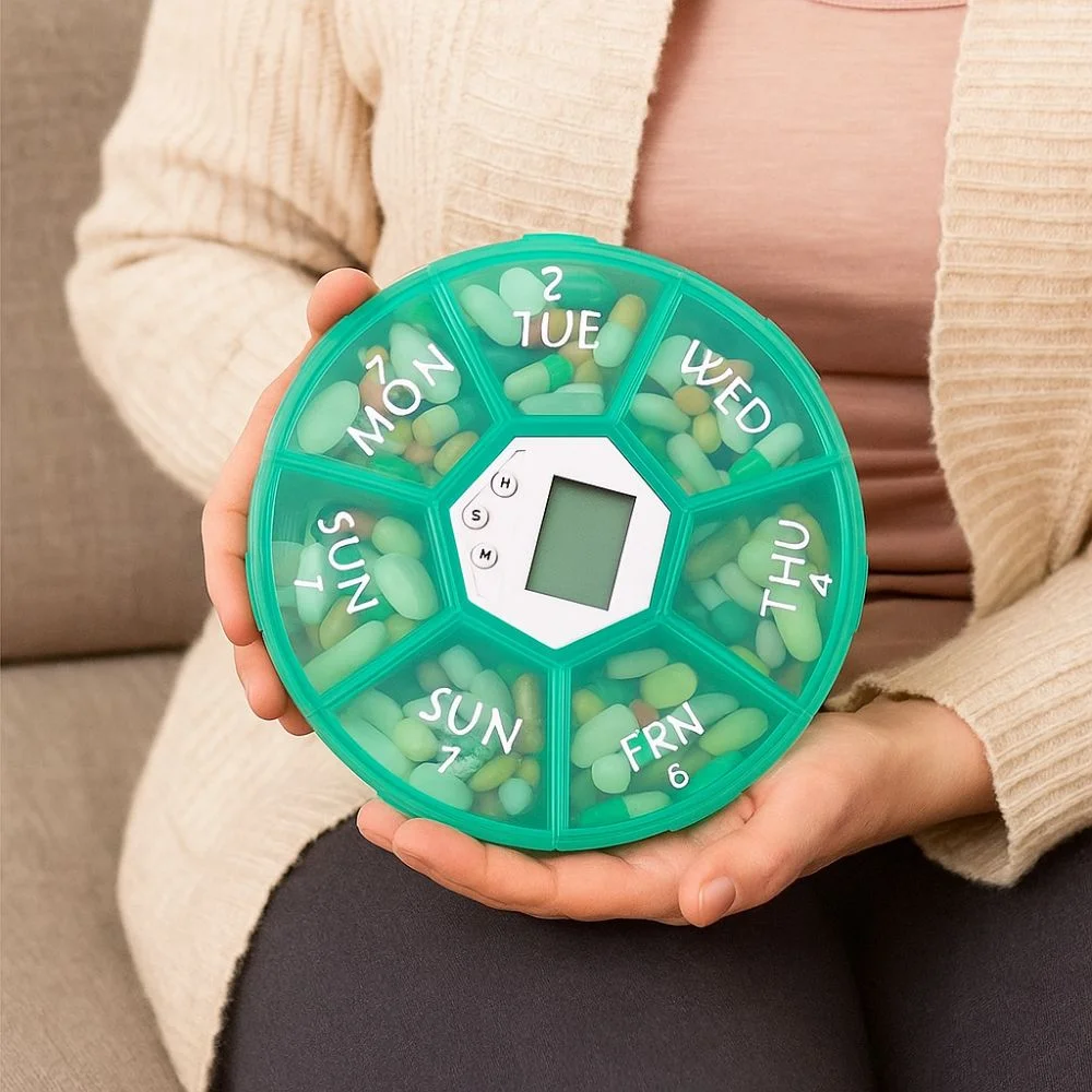 صندوق حبوب ذكي بسعة كبيرة، 7 مقصورات، شاشة LED، تذكير مؤقت، صندوق دواء، دوار دائري تلقائي #1