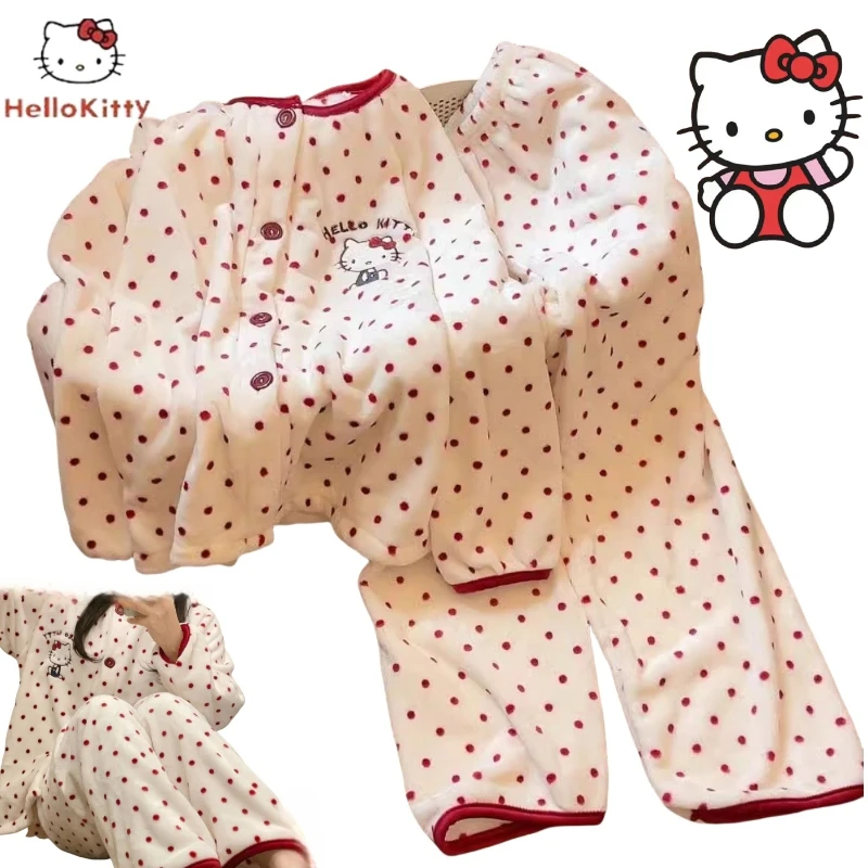 

Sanrio Hello Kitty Anime Merchandise Cute Pajamas for Autumn and Winter, Fleece-Lined Warm Can Be Worn Outdoors Casual Home Wear
