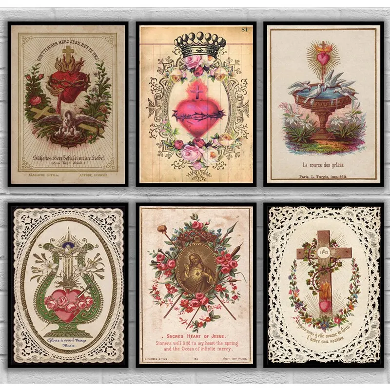 Vintage Sacré-Cœur de Jésus Art Prhonneur Affiche, Toile Religieuse Abstraite, Peinture Rétro, Photo Murale pour Salon, Déco Maison