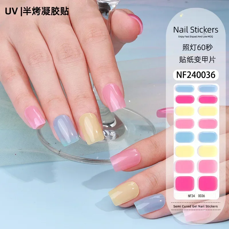 16 Strips Semi Cured Gel Nail Stickers Set for UV Lamp Full Cover Solid color Manicure DIY Women Fashion Gel Nail Patch