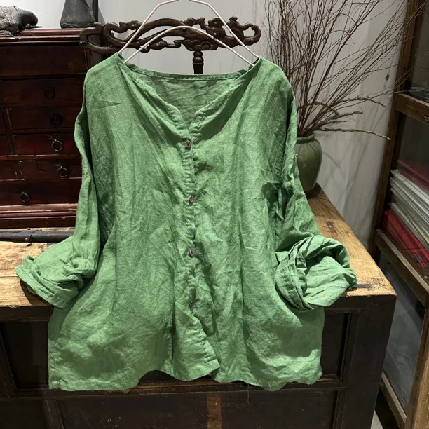 

Original Design Long Sve Linen Open Cardigan Casual Vintage Nel Buttoned Loose Fit Women's irt Spring 2023 Collection