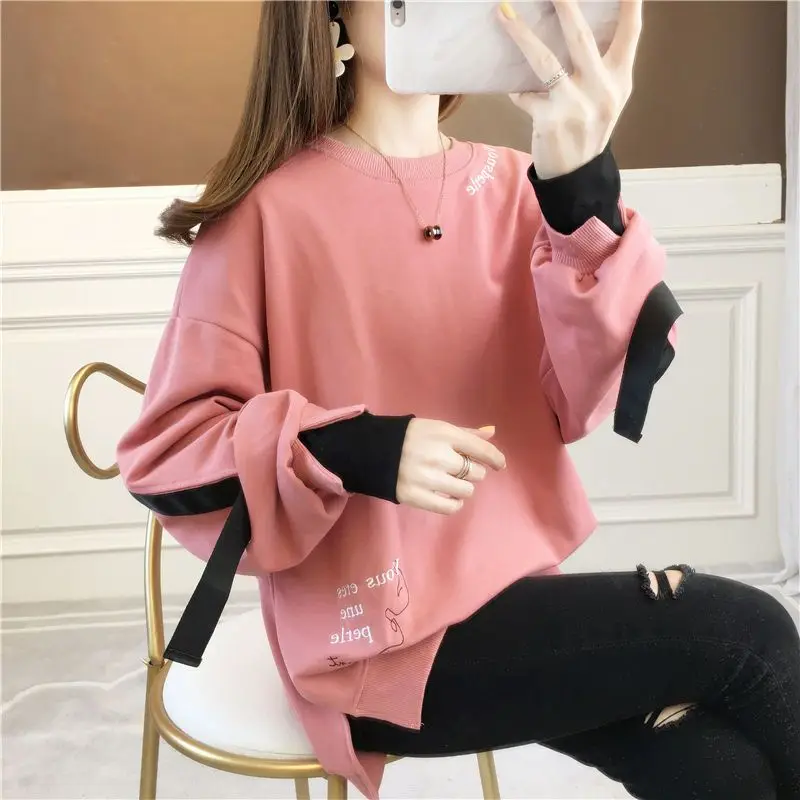 Autumn 2024 New Casual Patchwork Fake Two Pieces Sweatshirts Femme Simplicity Loose Irregular Pullover T-Shirts Women Clothing