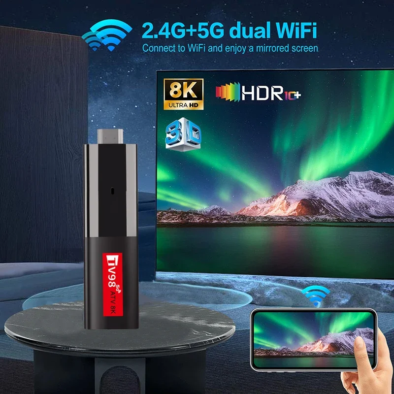 TV98 ATV สมาร์ททีวีสติ๊ก Android 14 Allwinner H618 กล่องทีวี 2GB 16GB รองรับ OTA 8K เครื่องเล่นมีเดีย Wifi6 HDR10 รีโมทสั่งงานด้วยเสียงกล่องทีวี