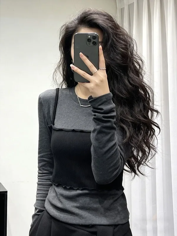 

Модная женская футболка больших размеров для весны, облегающая, повседневная, с дизайнерскими вставками, дышащая, с длинным рукавом и круглым вырезом.