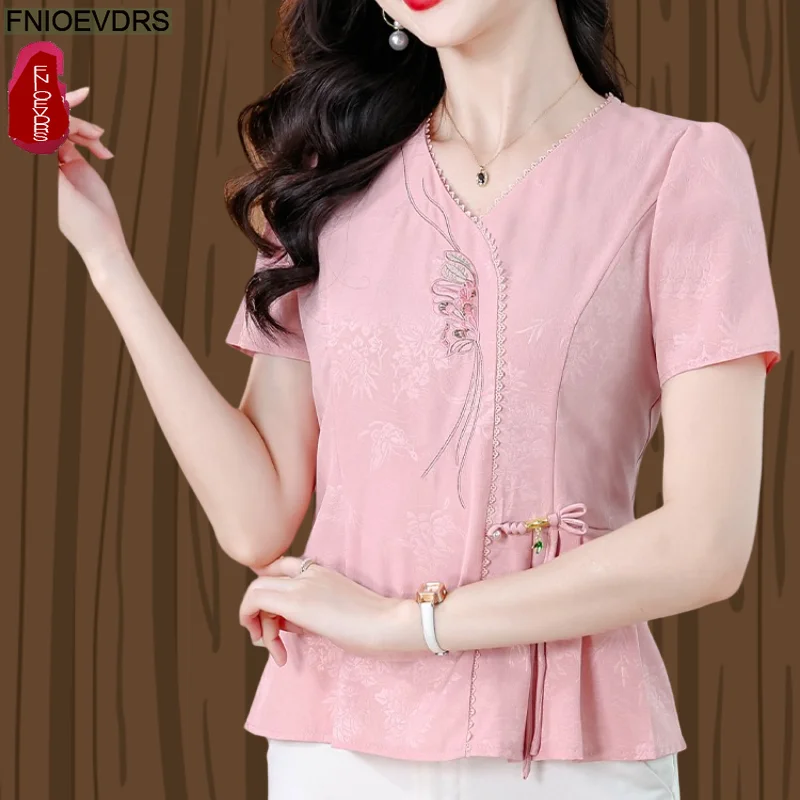

Chinese Style Elegant Women 2025 Short Sleeve Office Lady Blouse Retro Vintage Lady Shirts V Neck Pink Bow Tie Cotton Line Tops