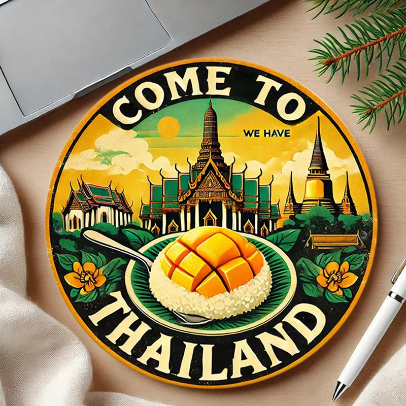 Thai Style Round Metal Wall Decor - Vintage Wrought Iron Thai Landmarks & Mango Design with Wat Phra Kaew & Thai Lettering - Vib